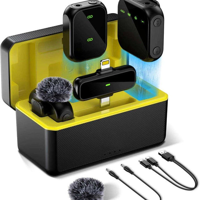 Micro Cravate Sans Fil 2.4GHz avec Boîtier de Charge – 2 Émetteurs + 1 Récepteur – 30m Portée, 36H Autonomie – iPhone, Android, Caméra, PC - Hold.ma